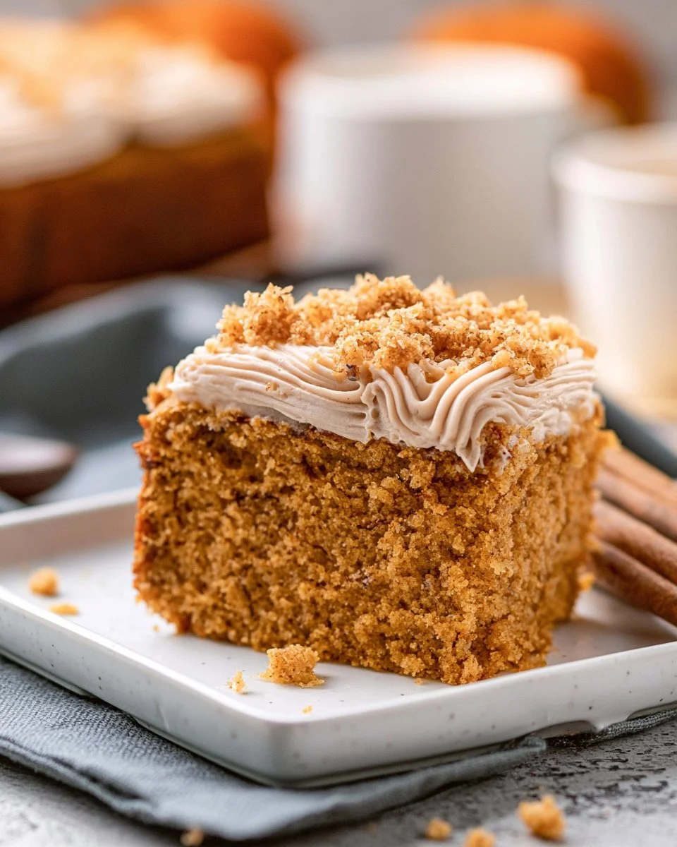 Slice of moist Pumpkin Coffee Cake topped with cinnamon and nuts