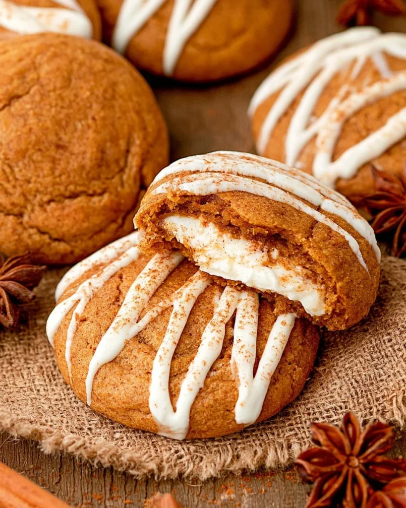 Delicious pumpkin cookies with cream cheese filling on a plate
