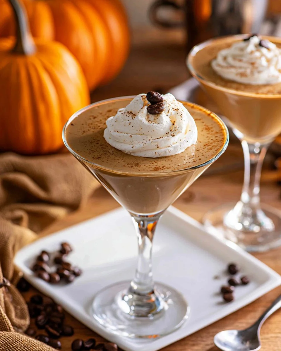 Delicious Pumpkin Espresso Martini with a creamy pumpkin spice garnish.