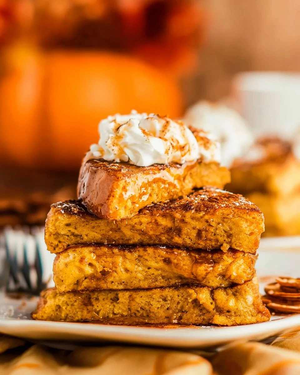 Delicious Pumpkin French Toast topped with syrup and whipped cream
