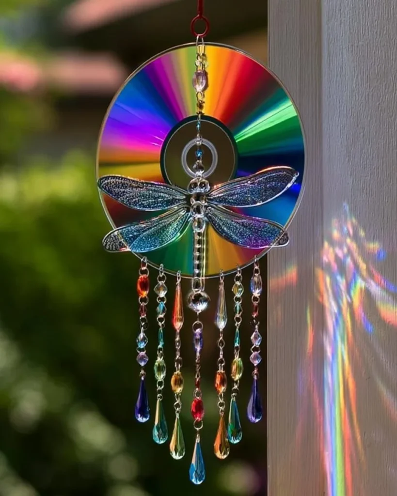 Rainbow CD Dragonfly Sun Catcher glowing with colorful reflections