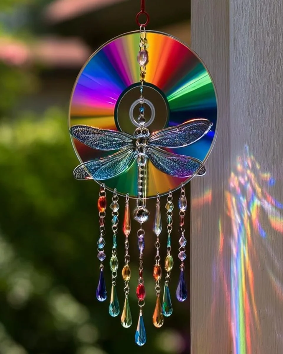 Rainbow CD Dragonfly Sun Catcher glowing with colorful reflections