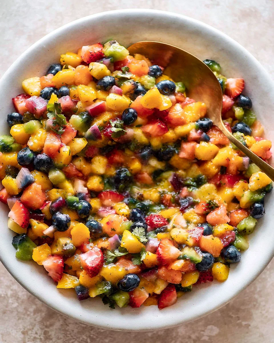 Colorful rainbow fruit chopped salad with various fresh fruits