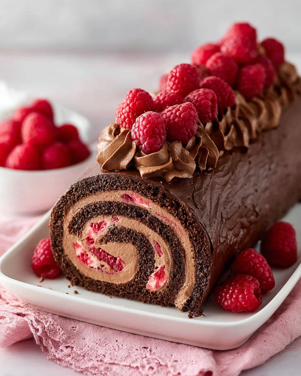 Delicious Raspberry Chocolate Roll Cake with rich chocolate and fresh raspberries