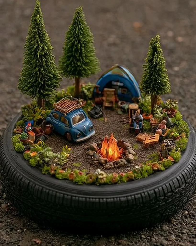 Recycled tire mini garden for a camping adventure, showcasing creativity and eco-friendliness