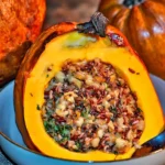 Roast stuffed pumpkin with flavorful filling displayed on a rustic table.