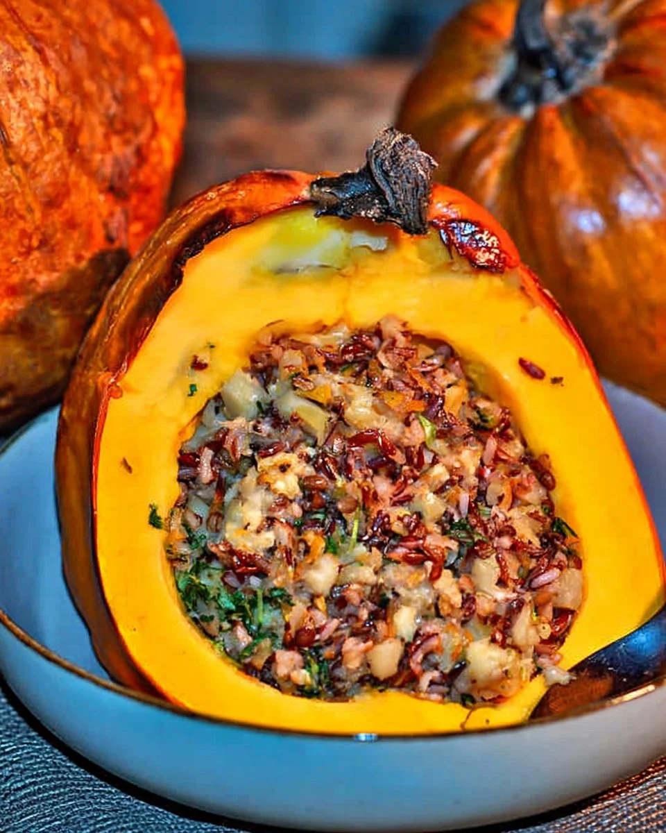 Roast stuffed pumpkin with flavorful filling displayed on a rustic table.