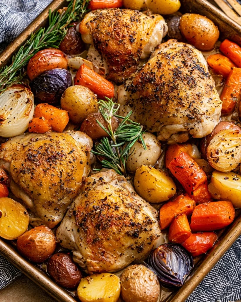 Roasted sheet pan chicken thighs with colorful vegetables for a healthy meal.