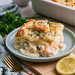 Delicious seafood lasagna with layers of pasta, shrimp, and creamy sauce