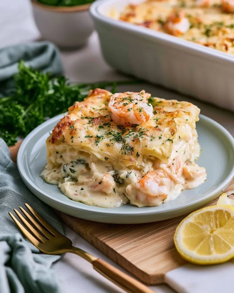 Delicious seafood lasagna with layers of pasta, shrimp, and creamy sauce
