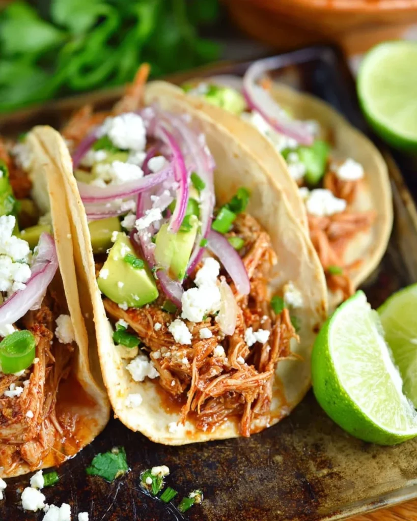 Plate of tasty shredded chicken tacos garnished with fresh ingredients