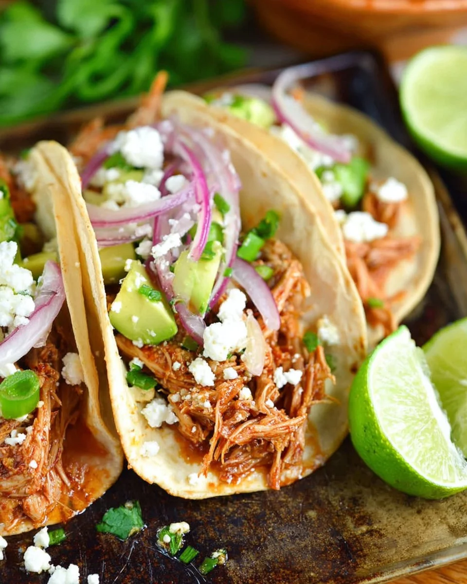 Plate of tasty shredded chicken tacos garnished with fresh ingredients