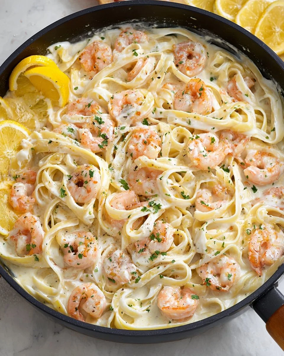 Delicious Shrimp Alfredo pasta with shrimp, creamy sauce, and garnished with parsley.