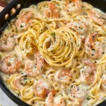 Delicious bowl of Shrimp Alfredo pasta topped with fresh parsley.