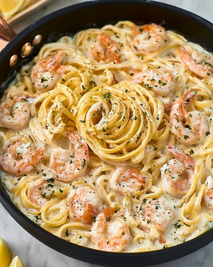 Delicious bowl of Shrimp Alfredo pasta topped with fresh parsley.
