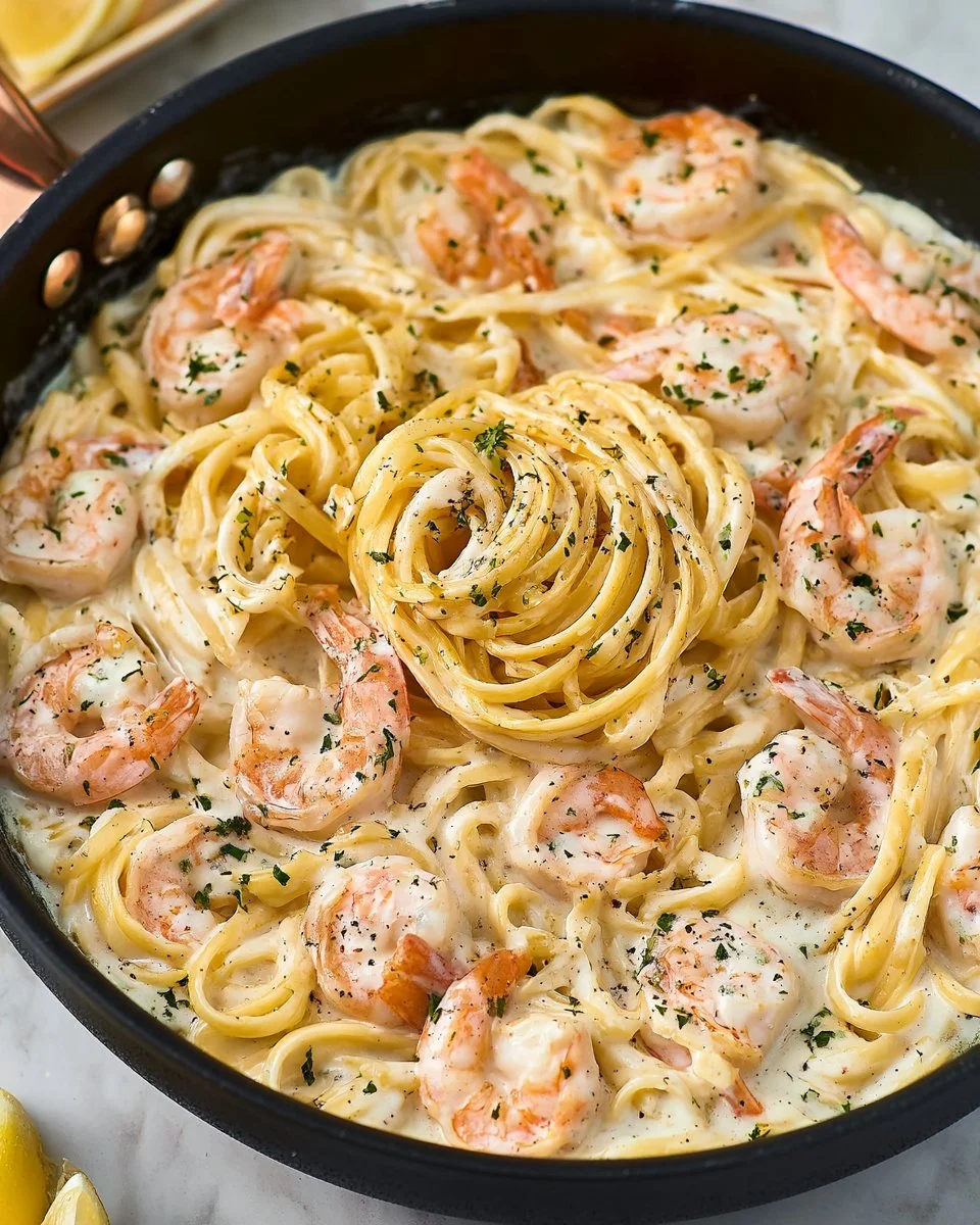 Delicious bowl of Shrimp Alfredo pasta topped with fresh parsley.