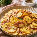 Baked sliced potatoes in oven served on a plate