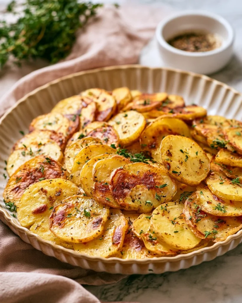 Baked sliced potatoes in oven served on a plate