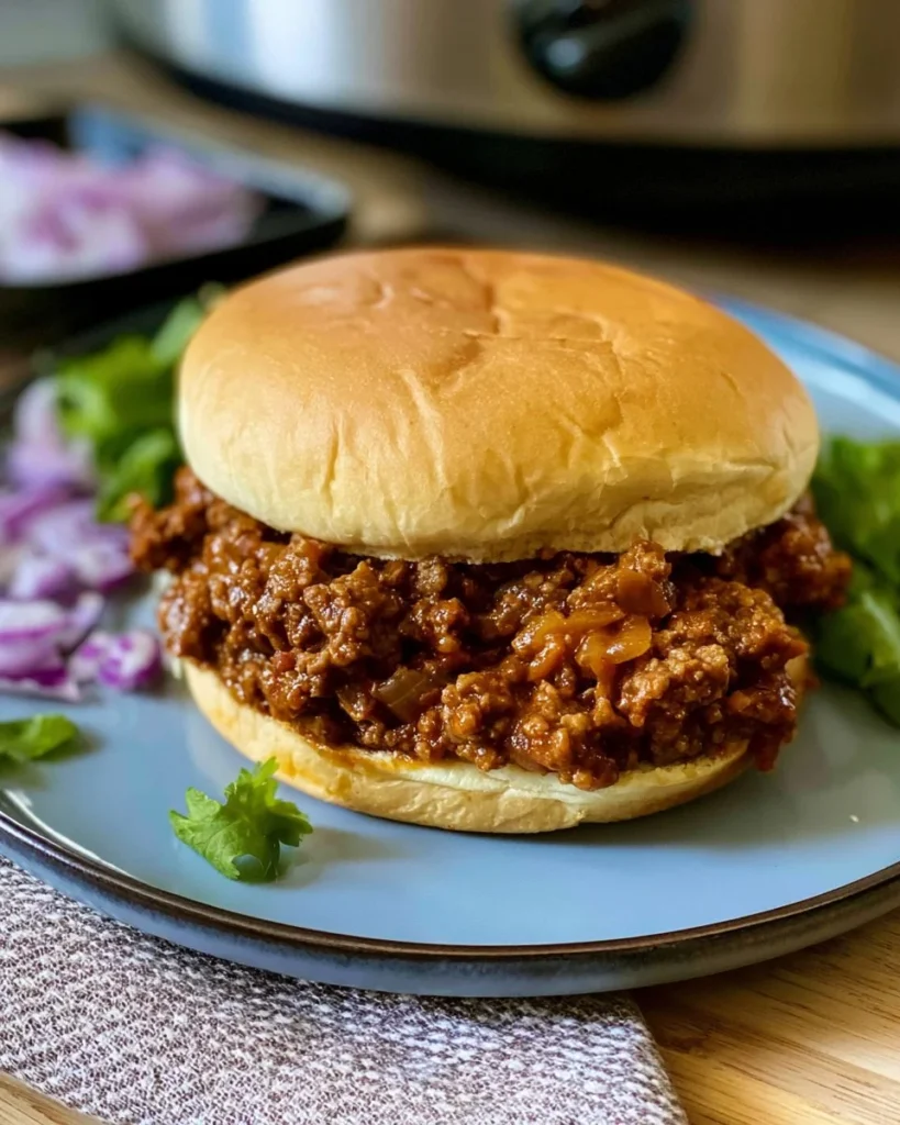 Delicious slow cooker sloppy joes served on a bun with fresh toppings