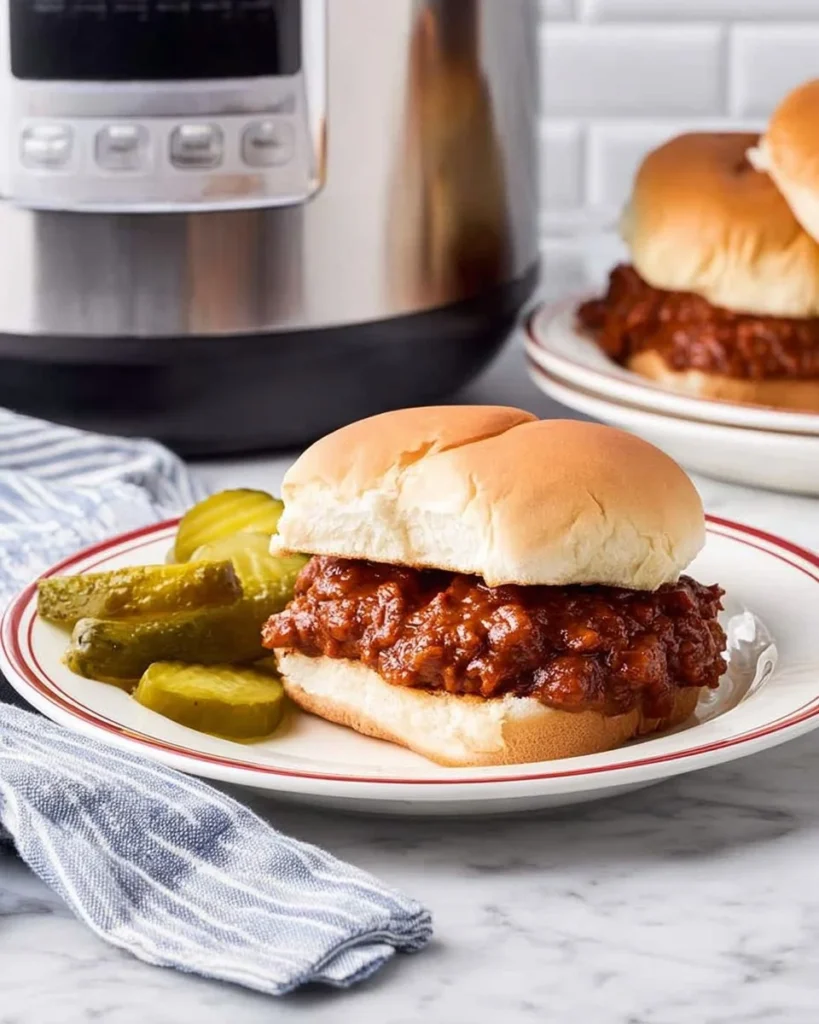 Slow cooker sloppy joes in a bowl on a wooden table.