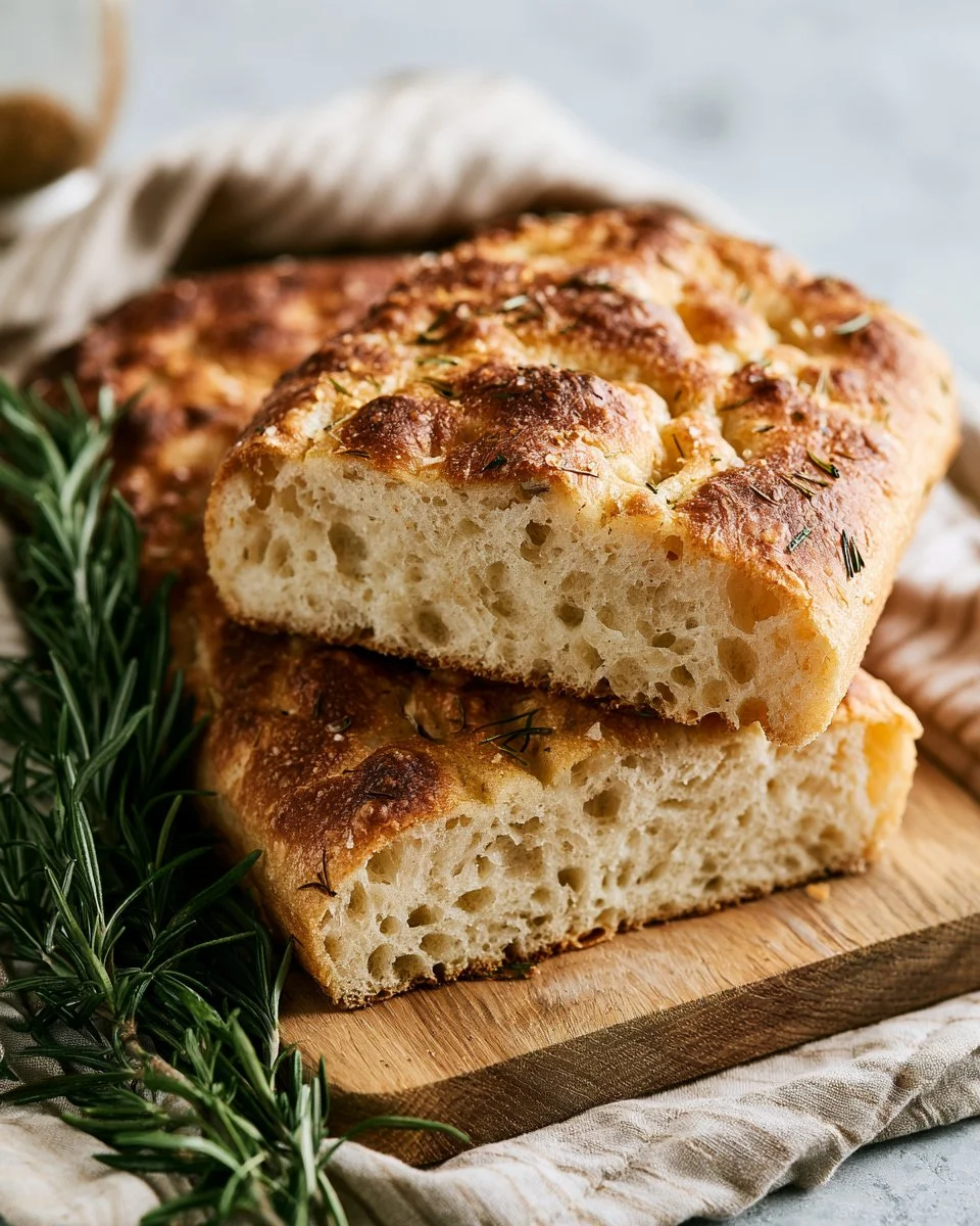 Freshly baked sourdough focaccia with herbs and olive oil