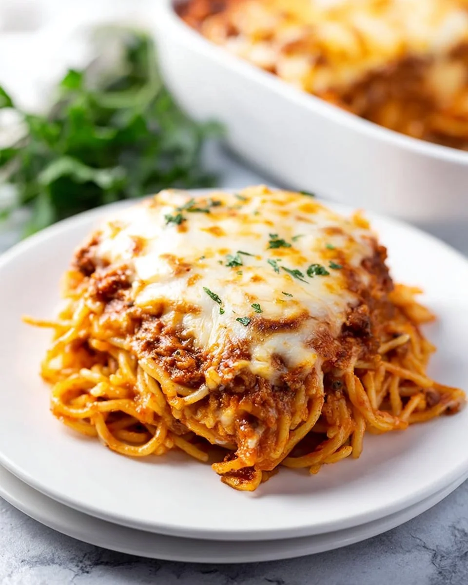 Delicious spaghetti pie served on a plate, garnished with herbs