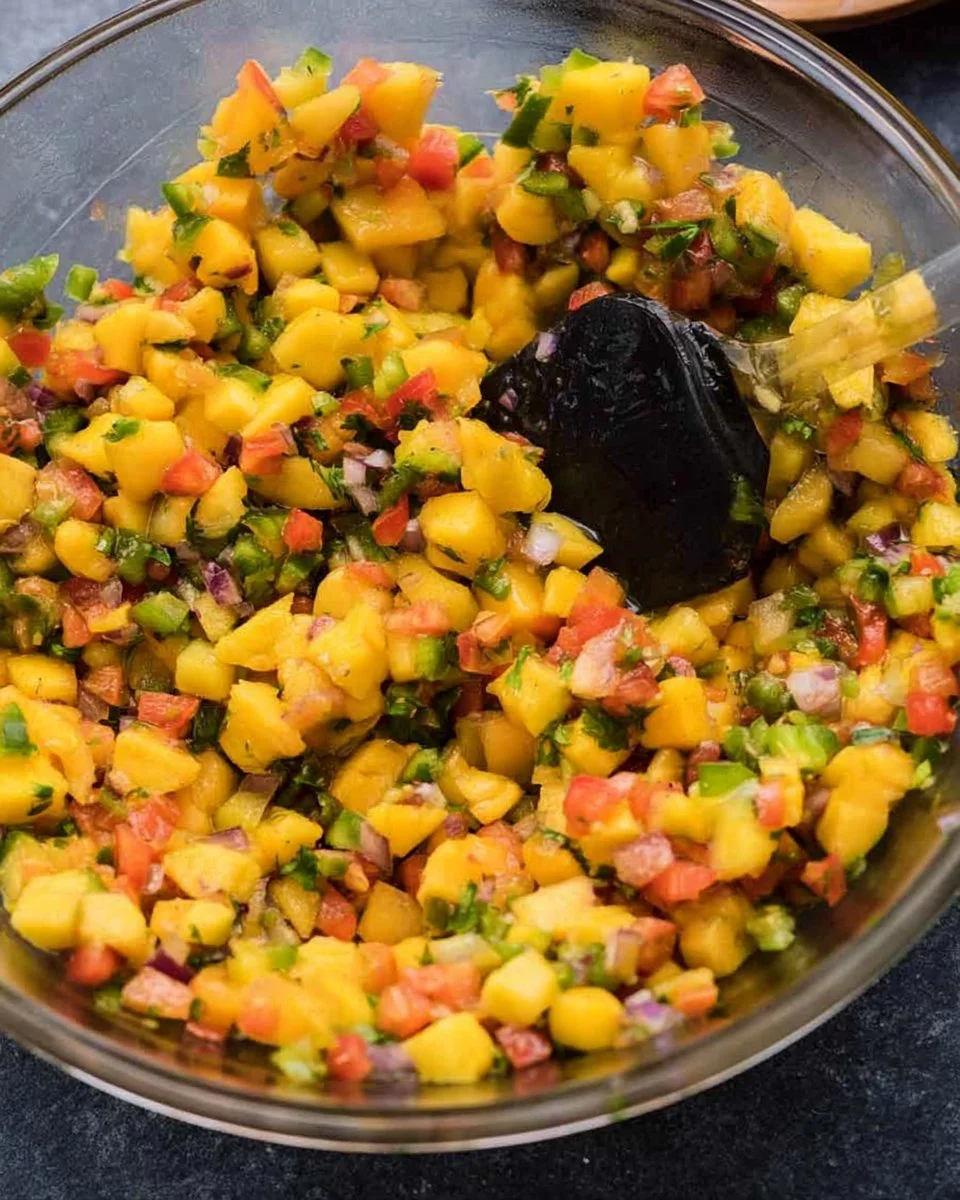 A colorful bowl of Spicy Mango Salsa with Jalapenos served with tortilla chips.