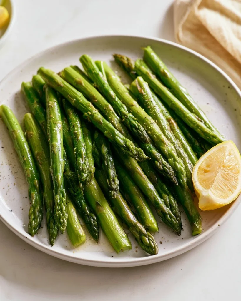 A plate of beautifully steamed asparagus garnished with lemon and herbs.