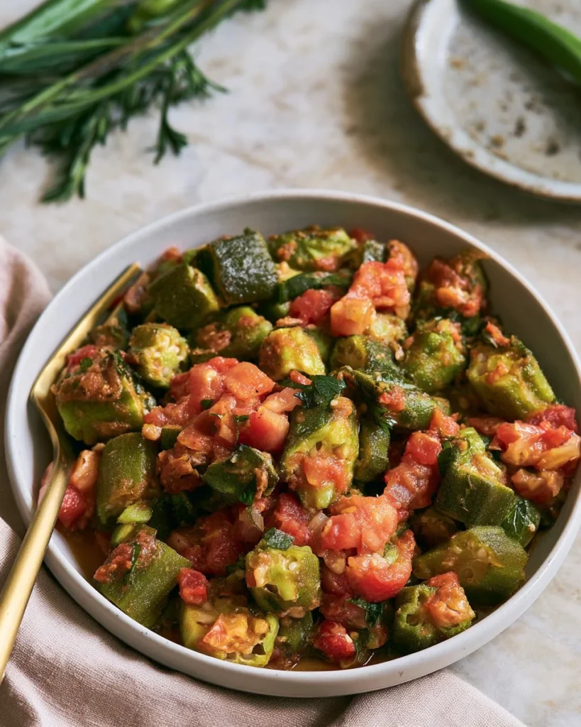 Delicious stewed okra and tomatoes served in a bowl with herbs