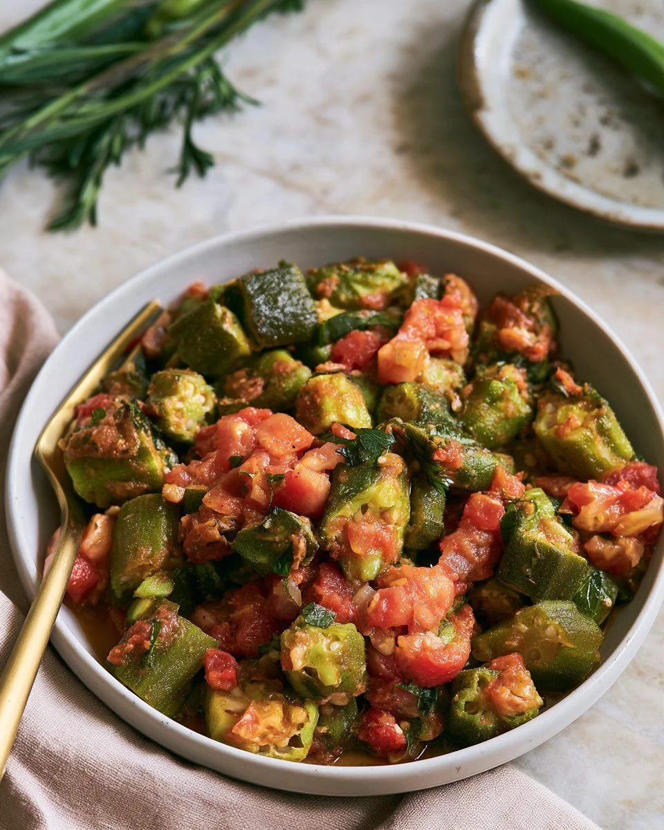 Delicious stewed okra and tomatoes served in a bowl with herbs