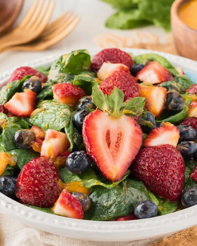 Delicious Strawberry Spinach Salad with berries and greens