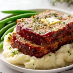 Stuffing Meatloaf garnished with herbs, served on a plate.