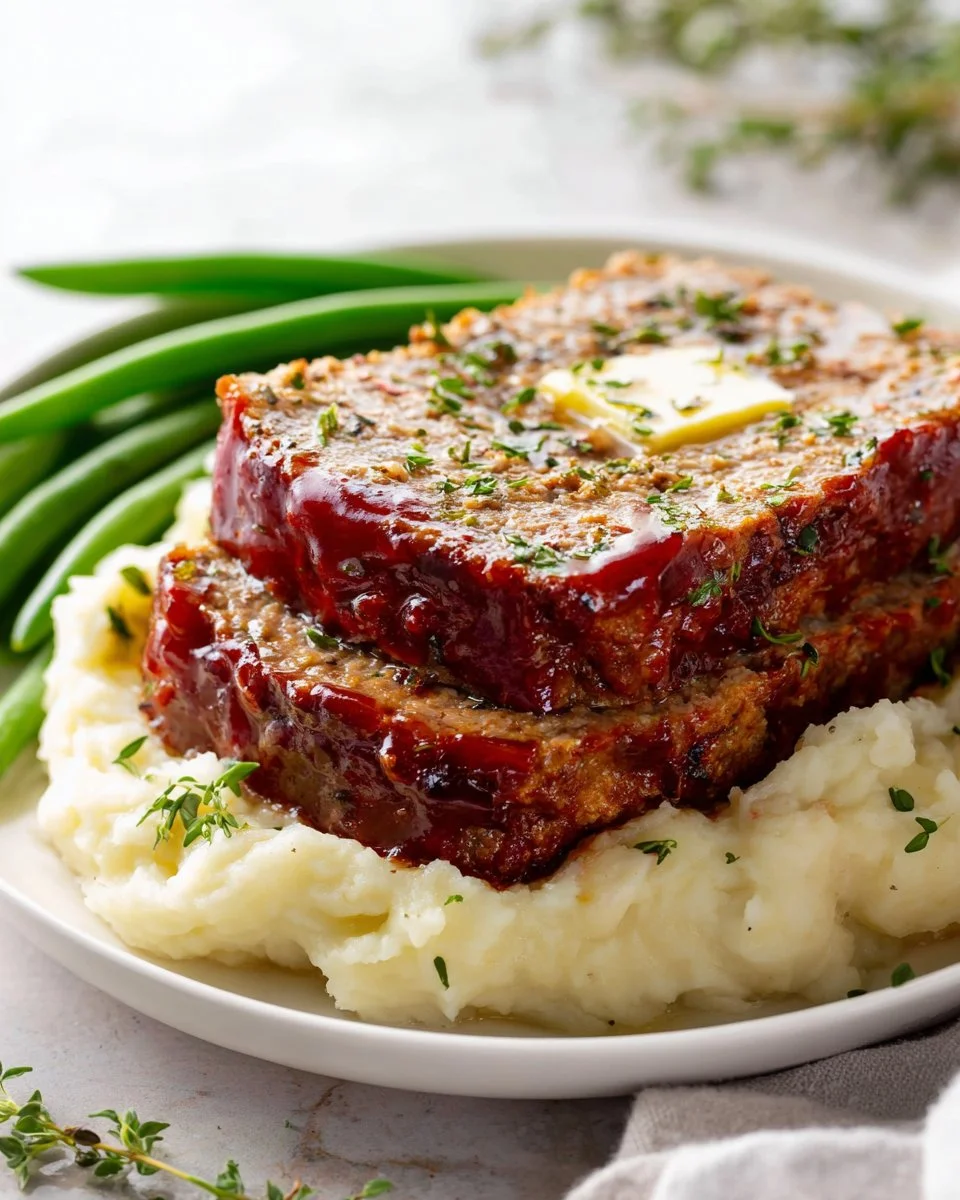 Stuffing Meatloaf garnished with herbs, served on a plate.