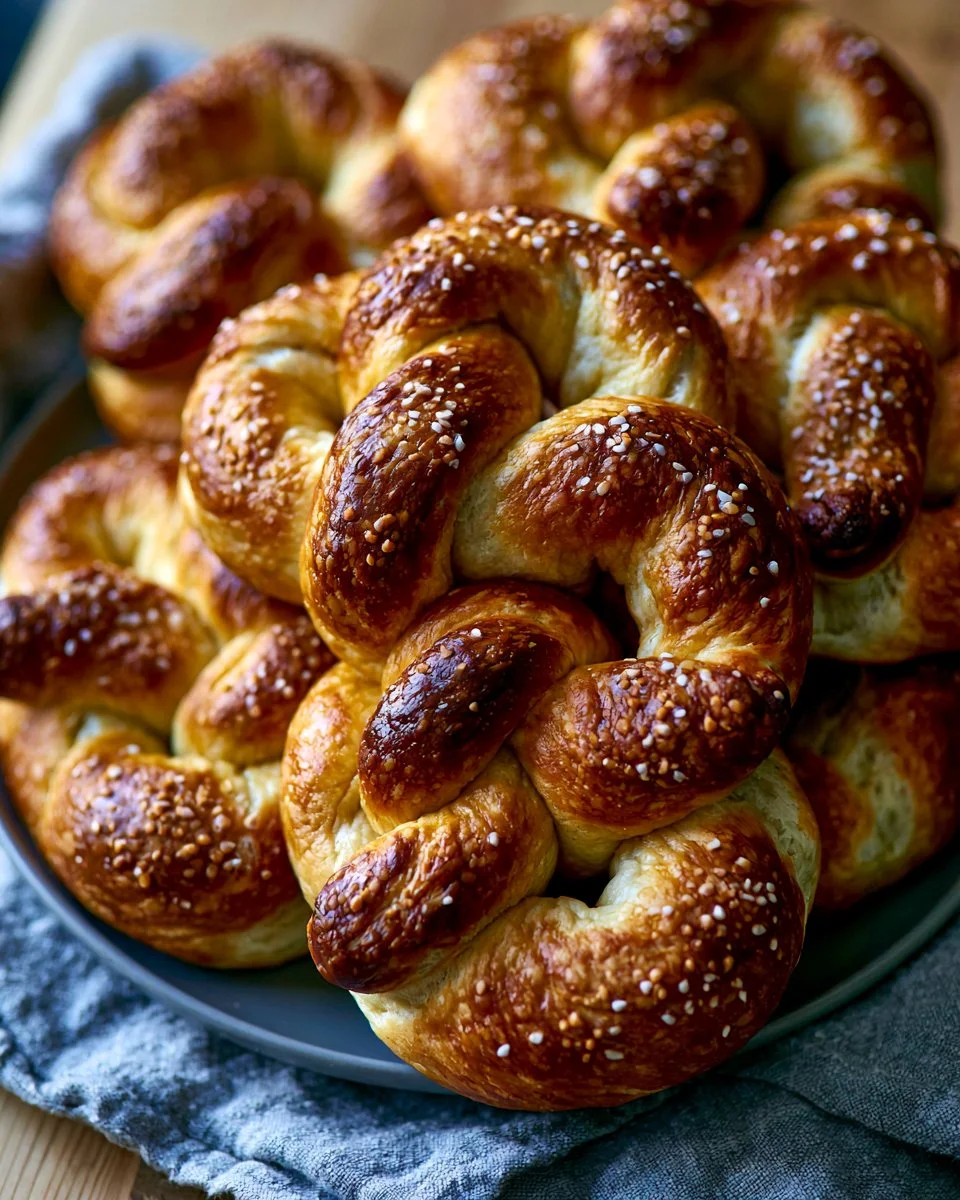 Homemade soft pretzels displayed on a wooden table