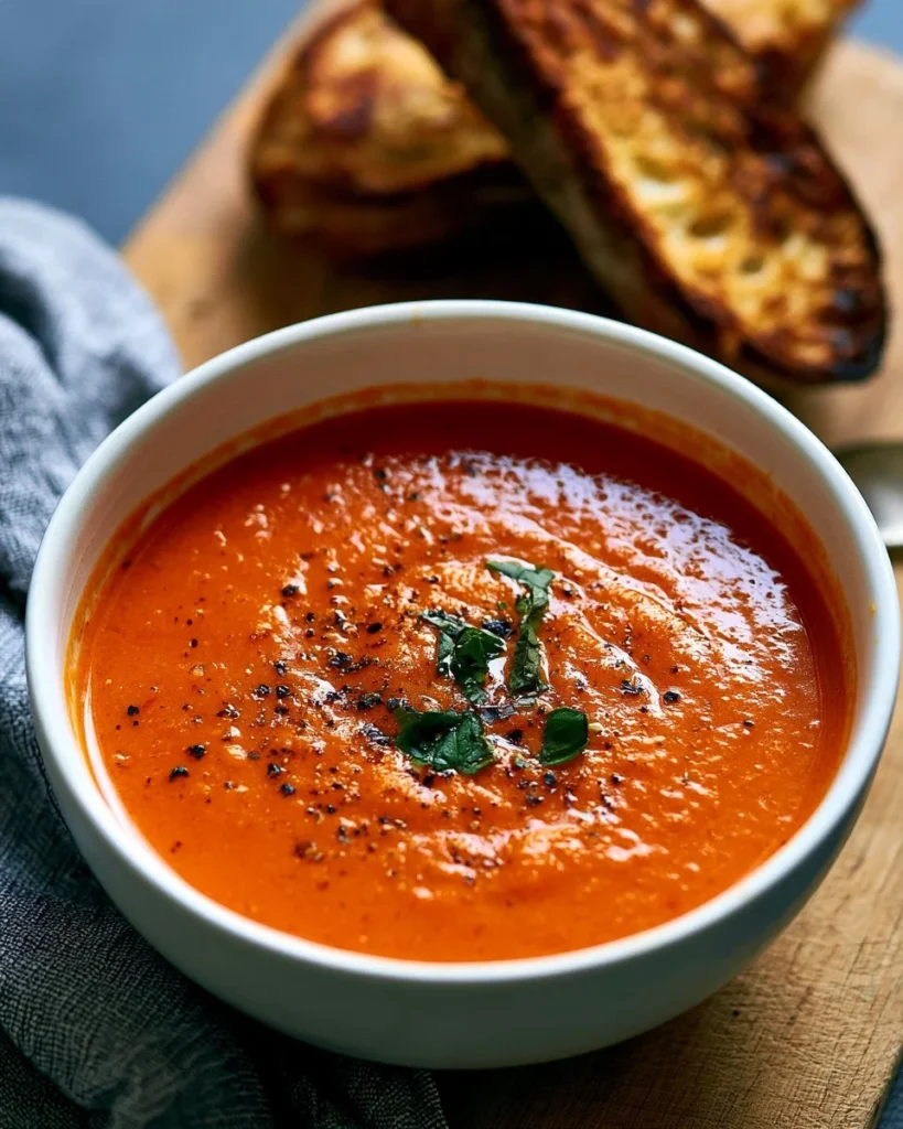 Bowl of super easy pantry tomato soup made with canned tomatoes and herbs