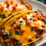 Delicious Taco Casserole topped with cheese and fresh toppings