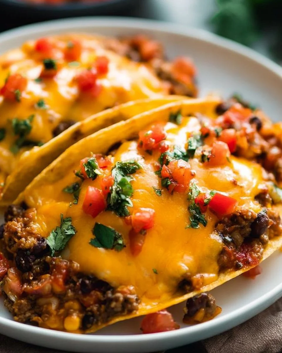 Delicious Taco Casserole topped with cheese and fresh toppings