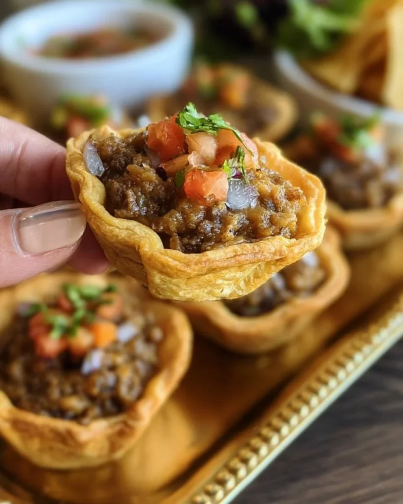 Baked Taco Cups filled with seasoned meat and fresh toppings