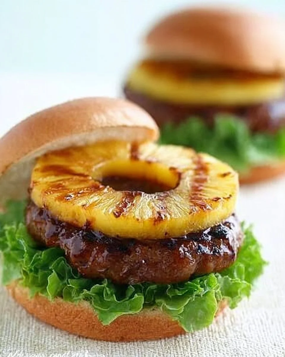 Juicy teriyaki burgers with grilled pineapple, showcasing a delicious fusion of flavors.