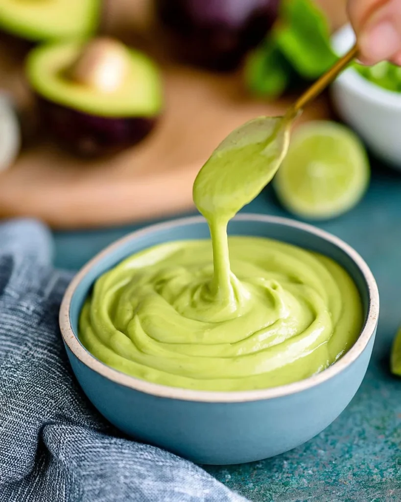 Bowl of easy avocado lime dressing made with ripe avocados and zesty lime.