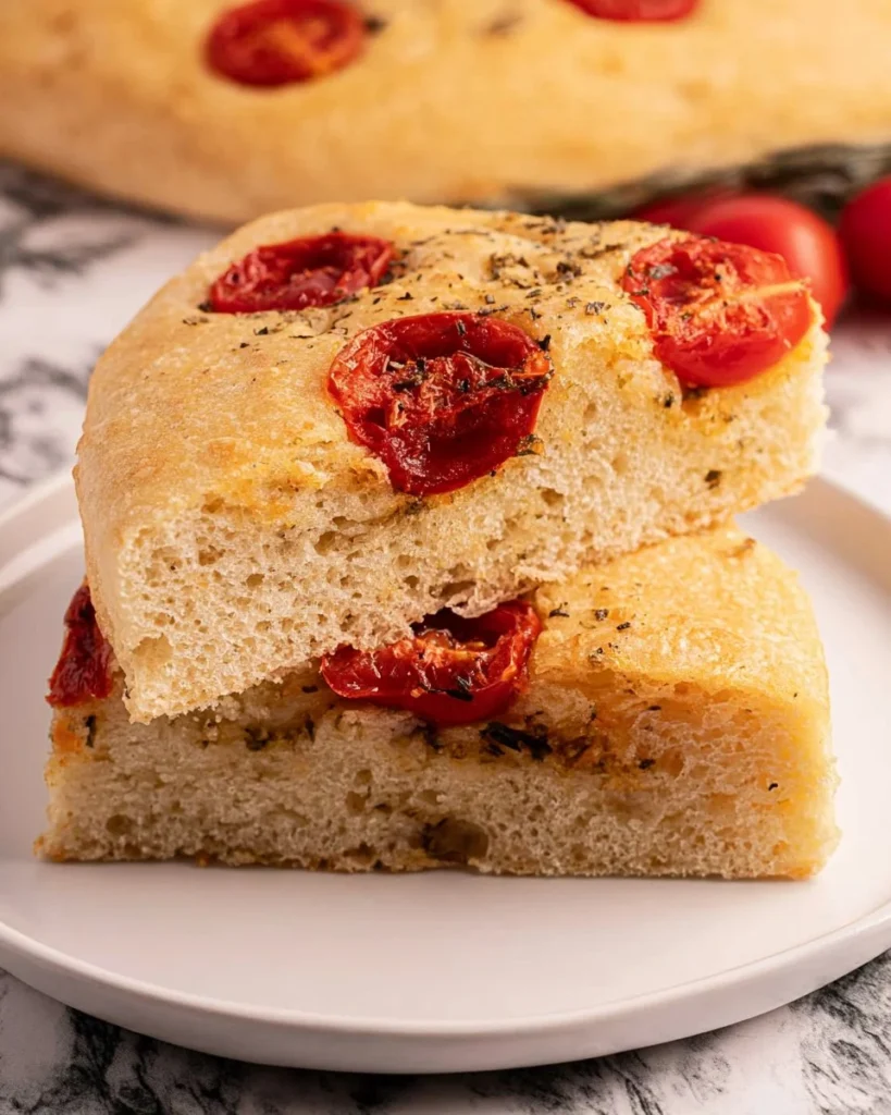 Homemade Tomato Focaccia bread topped with fresh tomatoes and herbs