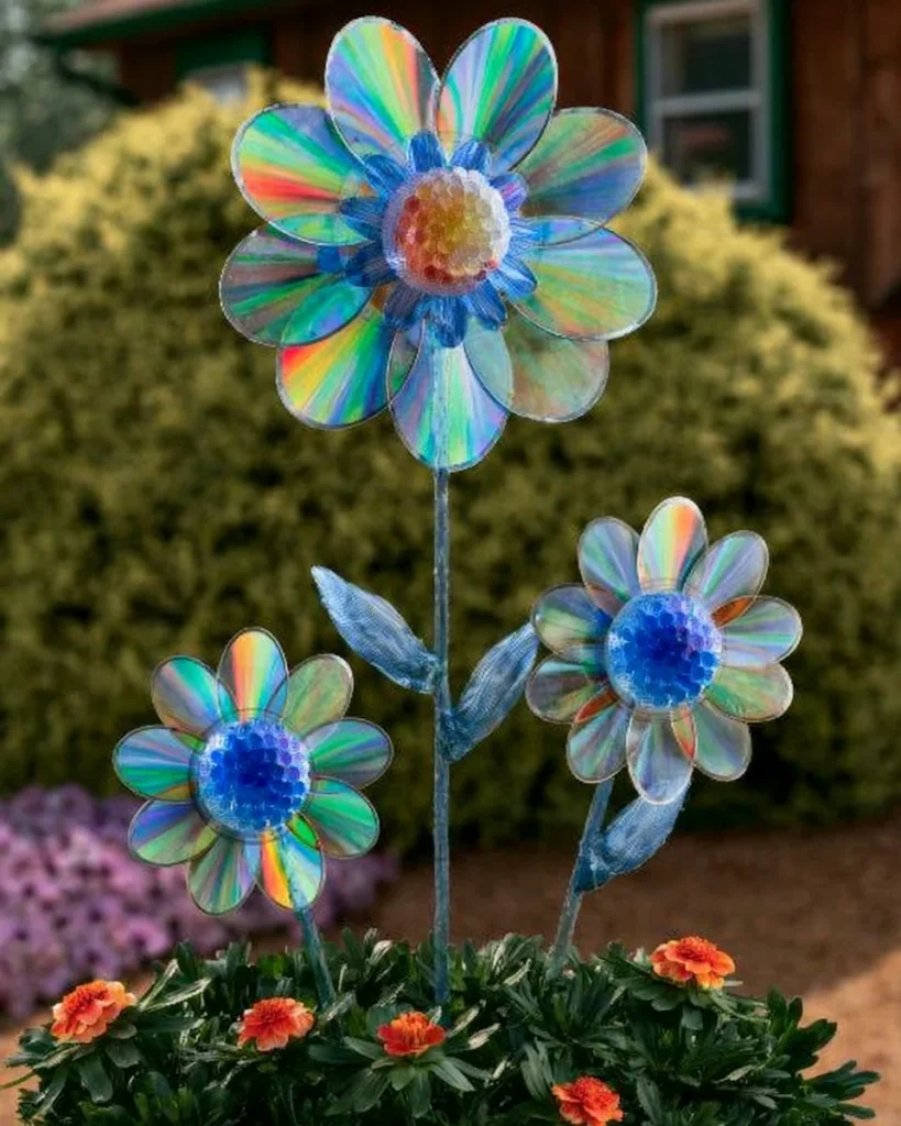 Stunning recycled garden flowers made from old CDs.