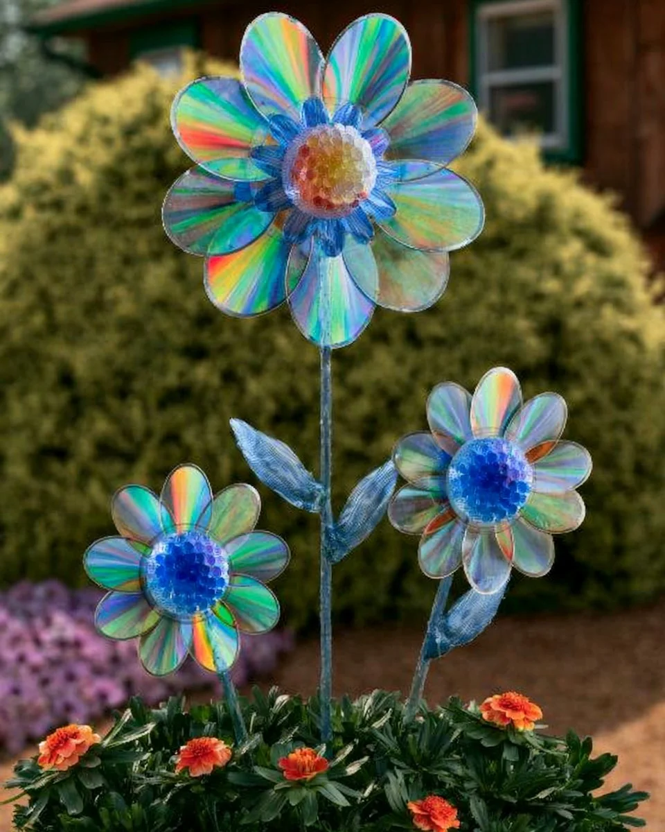 Stunning recycled garden flowers made from old CDs.