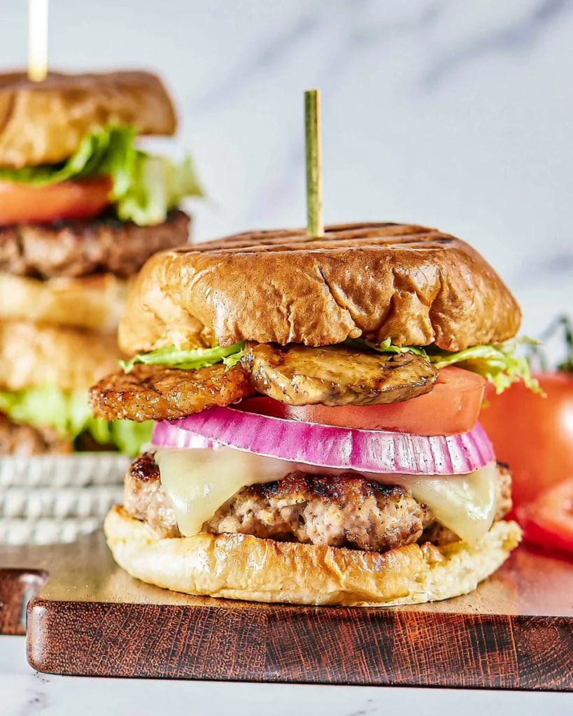 Delicious homemade turkey burger on a plate with fresh toppings