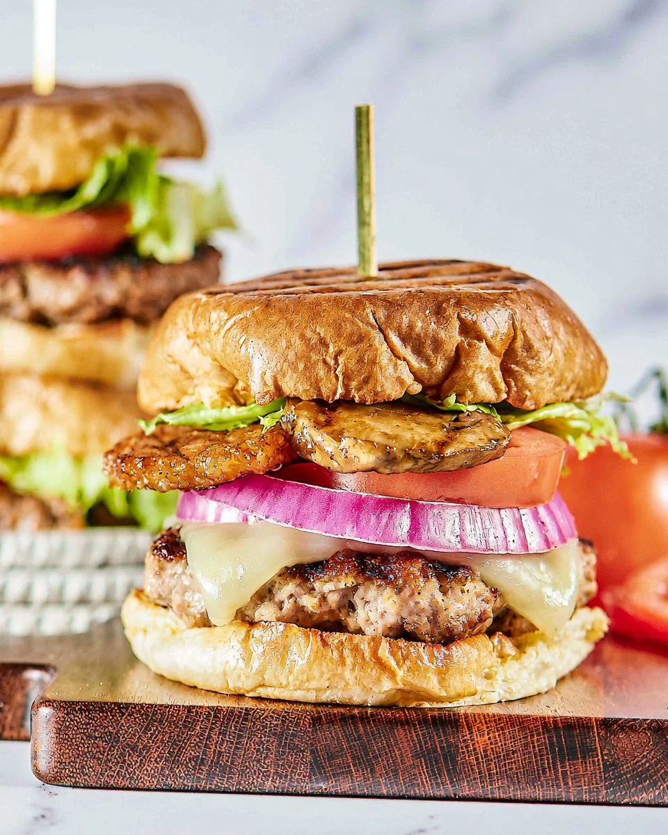 Delicious homemade turkey burger on a plate with fresh toppings