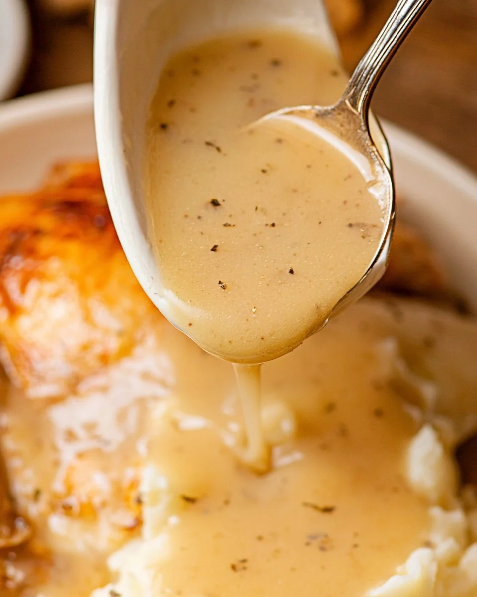 Dish of homemade turkey gravy made from turkey drippings