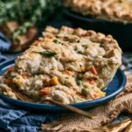 Homemade turkey pot pie served with fresh herbs on a rustic wooden table.