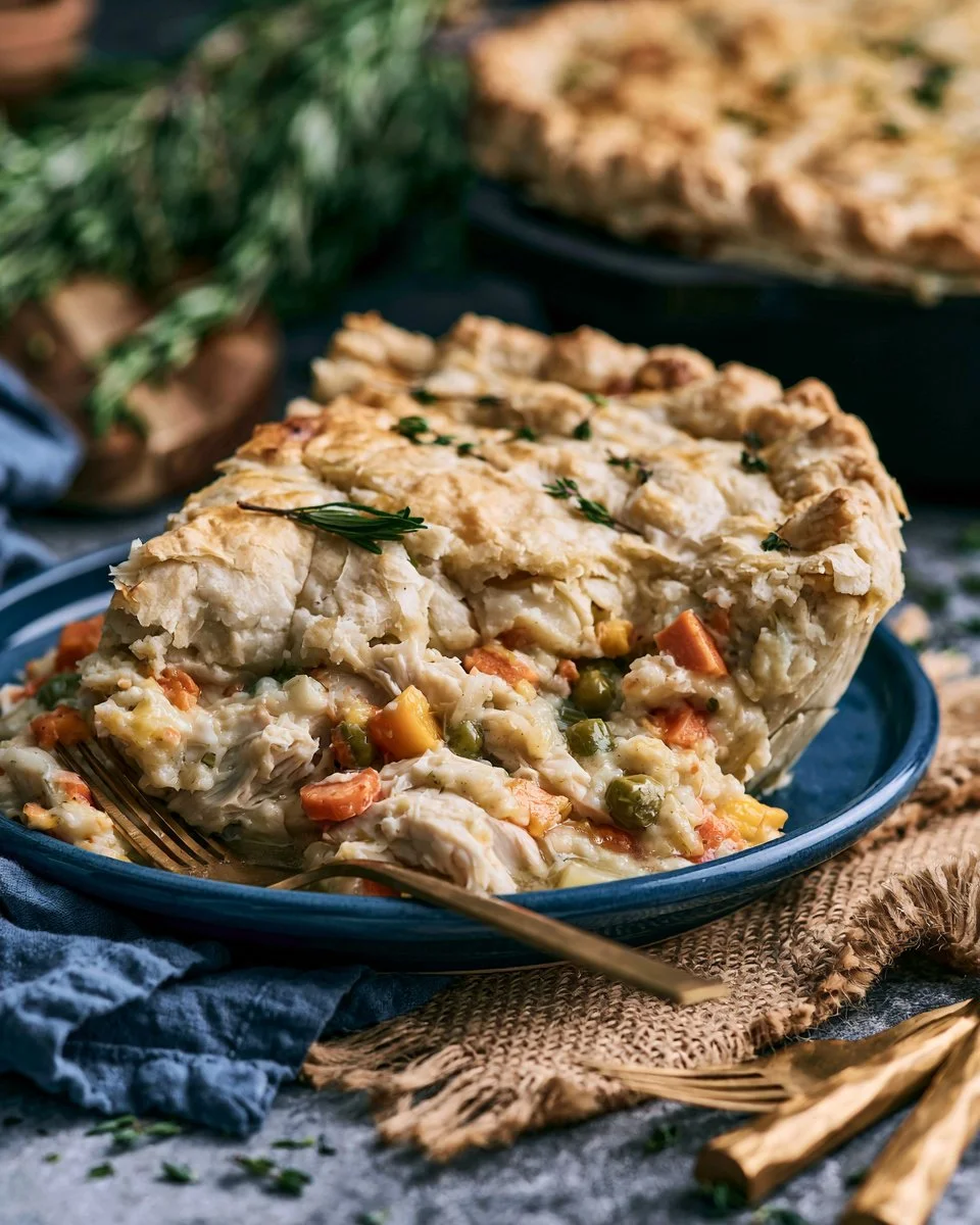 Homemade turkey pot pie served with fresh herbs on a rustic wooden table.