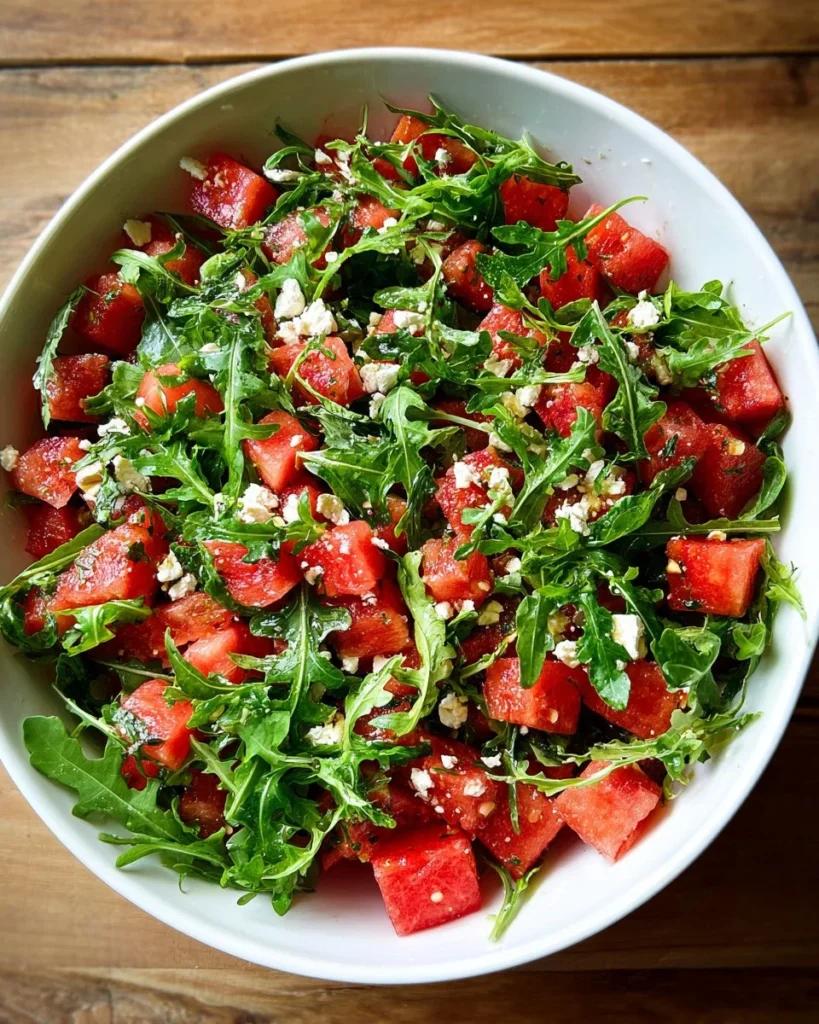 Refreshing Watermelon Salad with feta cheese and mint leaves