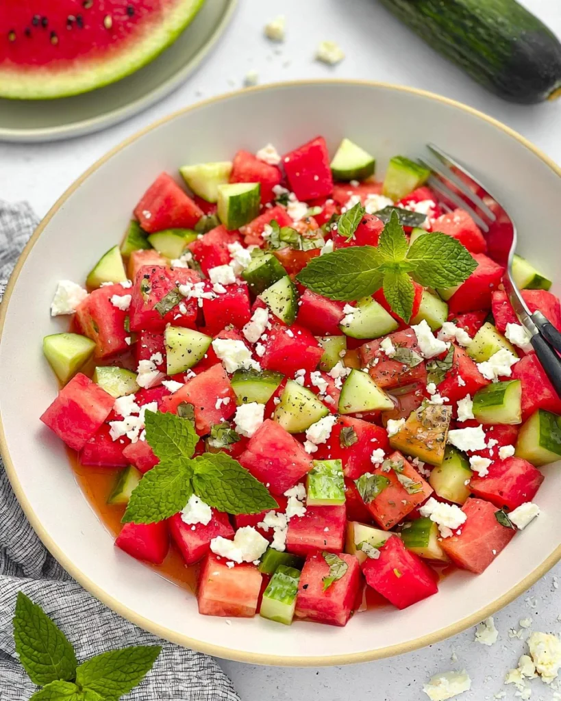Watermelon salad with cucumber and feta cheese garnished with mint leaves